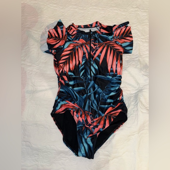 One-Piece Swimsuit in Navy with Coral Leaf Print - Picture 2 of 5